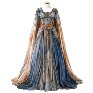 Medieval Fantasy Dress - Ornate Gown : a single clipart image with transparent background for crafting, junk journals, scrapbooking