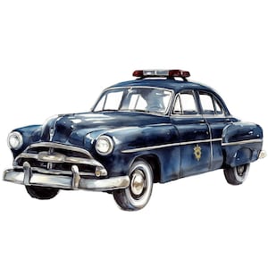 1950&#39;s Antique Blue Police Car : a single clipart image with a transparent background, 4096px, 300dpi, commercial use