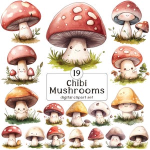 Champignons chibi mignons - une collection d'amis champignons mignons et heureux avec des visages souriants.  png transparent, usage commercial