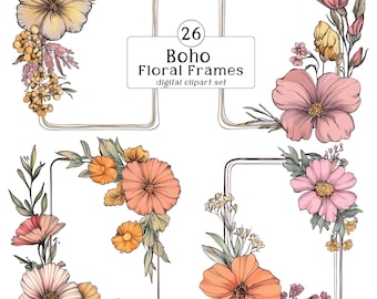 Conjunto de 26 imágenes prediseñadas de marcos florales bohemios: hermosos marcos en un elegante estilo boho, paquete de imágenes prediseñadas, fondo transparente, png, licencia comercial