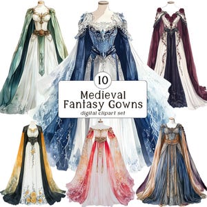 Peut inclure: Un ensemble de 10 robes de fantasy médiévales en clipart numérique. Les robes sont de différentes couleurs, notamment bleu, vert, rouge et blanc. Chaque robe présente des détails complexes, tels que de la dentelle, des broderies et des bijoux. Les robes sont parfaites pour créer des œuvres d'art fantastiques, des illustrations ou des designs.