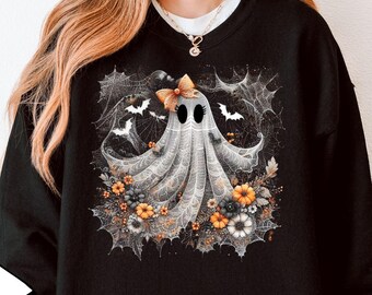 Retro Lace Ghost Halloween Sweatshirt, Boo In Boojee Sweater, Halloween Fall Boo Ghost Bow Shirt, Halloween Girly Sweatshirt