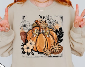 Floral Fall Pumpkin Sweatshirt, Boho Pumpkin Coquette Sweater, Vintage Autumn Sweatshirt, Retro Halloween Flowers Shirt