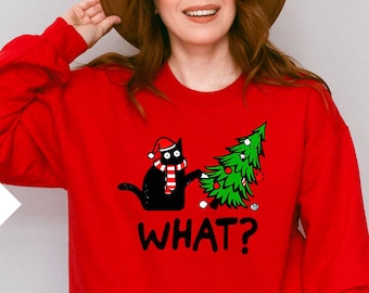Funny Cat Christmas Sweatshirt, What? Christmas Tree Knocked Over Tee, Cute Holiday Cat Lover Sweater, Humorous Xmas Gift for Pet Owners