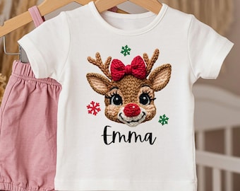Custom Reindeer Faux Crochet Christmas With Kid Names Shirt, Boy Girl Christmas Gift, Cute Christmas Coquette Bow Tee, Holiday Vibes Tshirt
