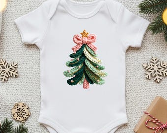 Faux Latch Hook Yarn Christmas Tree Shirt, Faux Embroidery Xmas Bow Tee, Trendy Holiday Faux Crochet Christmas Shirt