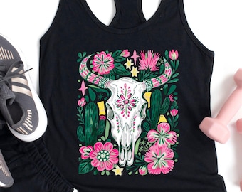 Western Floral Cow Skull Tank Top, Boho Cowgirl Racerback, Floral Western Wildflower Tee, Southwestern Tank Tops, Preppy Cowgirl Cactus Tee