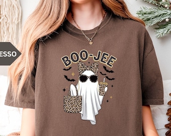 Boo Jee Ghost Shirt, Boujee Halloween Tee, Funny Leopard Print Bow Comfort Colors® Shirt
