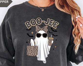 Boo Jee Ghost Sweatshirt, Boujee Halloween Sweater, Funny Leopard Print Bow Comfort Colors® Sweatshirt