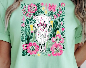 Western Floral Cow Skull Shirt, Boho Cowgirl Shirt, Floral Western Wildflower Tee, Southwestern Shirt, Preppy Cowgirl Cactus Tee