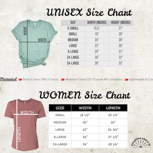 K&ouml;nnte beinhalten: Gr&ouml;&szlig;entabelle f&uuml;r Unisex- und Damen-T-Shirts. Die Unisex-Tabelle umfasst die Gr&ouml;&szlig;en X-Small bis 3X-Large mit Breiten von 41,9 cm bis 71,1 cm und H&ouml;hen von 68,6 cm bis 83,8 cm. Die Damengr&ouml;&szlig;entabelle umfasst die Gr&ouml;&szlig;en Small bis 2X-Large.