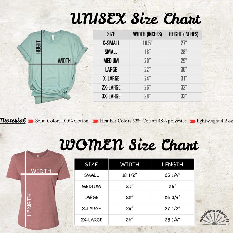 K&ouml;nnte beinhalten: Gr&ouml;&szlig;entabelle f&uuml;r Unisex- und Damen-T-Shirts. Die Unisex-Tabelle umfasst die Gr&ouml;&szlig;en X-Small bis 3X-Large mit Breiten von 41,9 cm bis 71,1 cm und H&ouml;hen von 68,6 cm bis 83,8 cm. Die Damengr&ouml;&szlig;entabelle umfasst die Gr&ouml;&szlig;en Small bis 2X-Large.