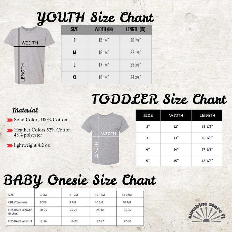 K&ouml;nnte beinhalten: Gr&ouml;&szlig;entabellen f&uuml;r Jugendliche, Kleinkinder und Baby-Bodys. Die Jugendtabelle enth&auml;lt die Gr&ouml;&szlig;en S-XL mit Breiten- und L&auml;ngenma&szlig;en in Zoll. Die Kleinkindertabelle listet die Gr&ouml;&szlig;en 2T-5T auf. Die Baby-Bodysuit-Tabelle bietet Brust-, L&auml;ngen- und Gewichtsma&szlig;e.
