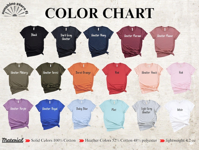 K&ouml;nnte beinhalten: Farbtabelle mit T-Shirts in verschiedenen Farbt&ouml;nen, darunter Schwarz, Marineblau und Rot. Die Tabelle zeigt die Farbbezeichnungen und die Materialzusammensetzung der Hemden, die leicht sind, 119 Gramm.