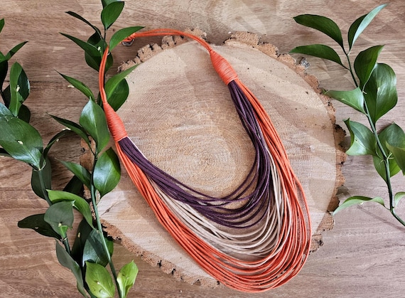 Waxed Cotton Cords Maxi Necklace (Orange, Beige and Burgundy)