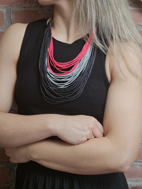 Waxed Cotton Cords Maxi Necklace (Black, Red, Gray)/ 14in (36cm) in length/ Necklace Weights 34g (0.08lb) / Nature Necklace / Boho Necklace