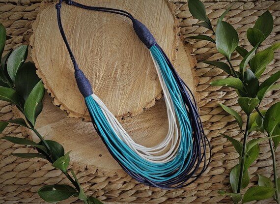 Waxed Cotton Cords Maxi Necklace (Blue and White)/ 14in (36cm) in length/ Necklace Weights 34g (0.08lb) / Nature Necklace / Boho Necklace