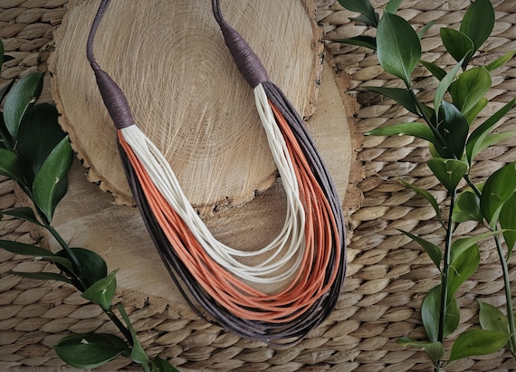 Necklace  - Waxed Cord Maxi Necklace (Ecru, Orange and Brown)/ 14in (36cm) in length/ Necklace  Weights 34g (0.08lb)