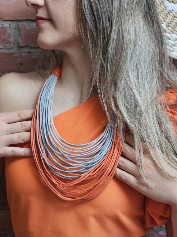 Waxed Cotton Cords Maxi Necklace (Orange and Gray)