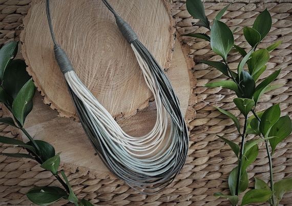 Waxed Cotton Cords Maxi Necklace (Green and Ecru)/ It's 14in (36cm) in length and Weights 34g (0.08lb) / Nature Necklace / Boho Necklace
