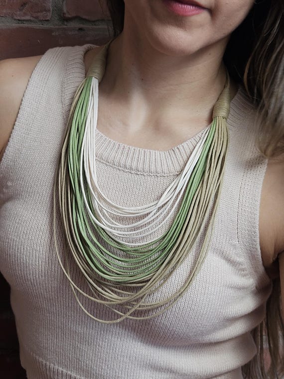 Waxed Cotton Cords Maxi Necklace (Green and Ecru)/ Necklace 14in (36cm) in length and Weights 34g (0.08lb) / Nature Necklace / Boho Necklace