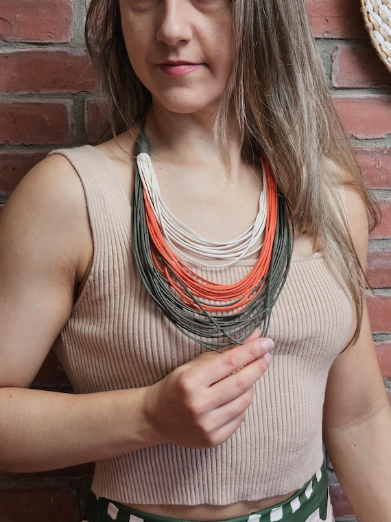 Necklace  - Waxed Cord Maxi Necklace (Ecru, Orange and Green)