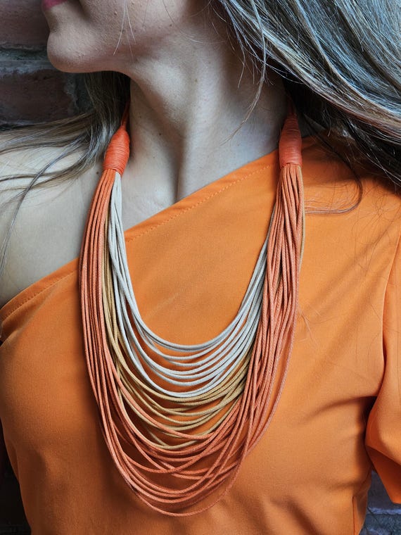 Waxed Cotton Cords Maxi Necklace (Orange, Beige and Mustard)