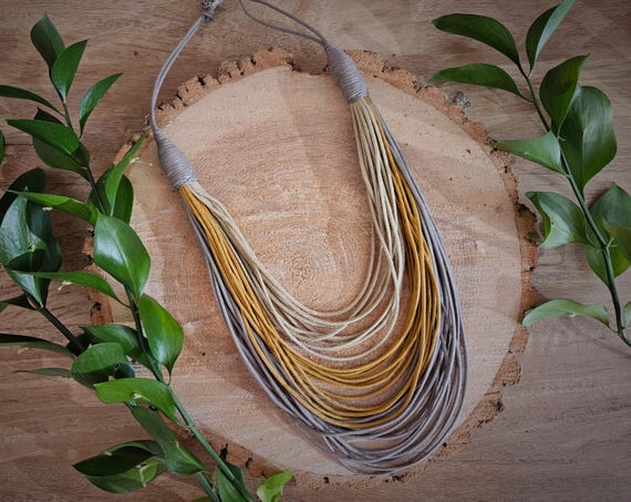 Necklace  - Waxed Cord Maxi Necklace (Beige, Mustard and Grey)/ 14in (36cm) in length/ Necklace  Weights 34g (0.08lb)
