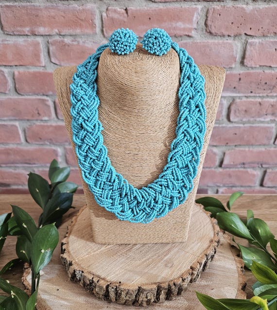 Set Beaded Turquoise Necklace with Matching Earrings  - Summer Necklace - Gift for Her - Necklace for Women - Necklace Set Earrings