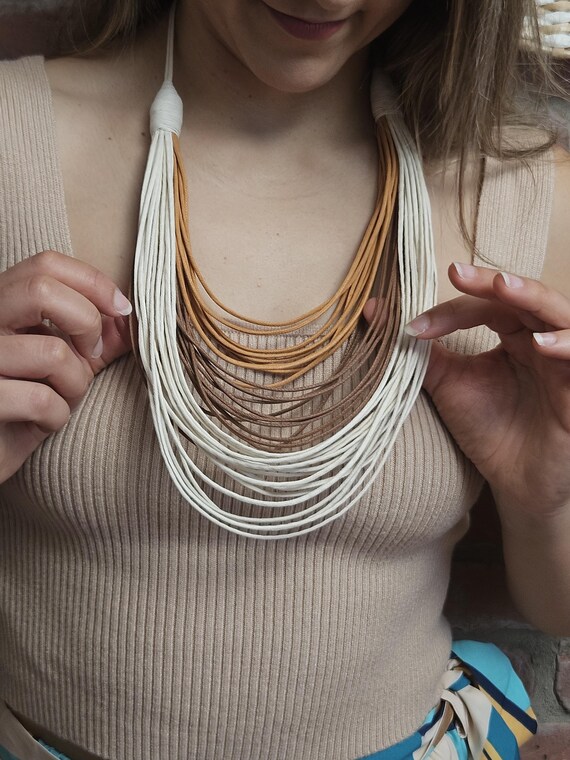 Waxed Cotton Cords Maxi Necklace (Brown, Ecru, Mustard)/ 14in (36cm) in length/ It Weights 34g (0.08lb) / Nature Necklace / Boho Necklace