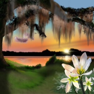 Low Country art of lilies and Oak tree covered in Spanish moss