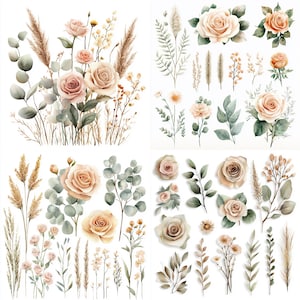 Lot de 30 cliparts floraux aquarelles bohèmes - Ensemble PNG de fleurs peintes à la main, de plantes séchées et de roses élégantes