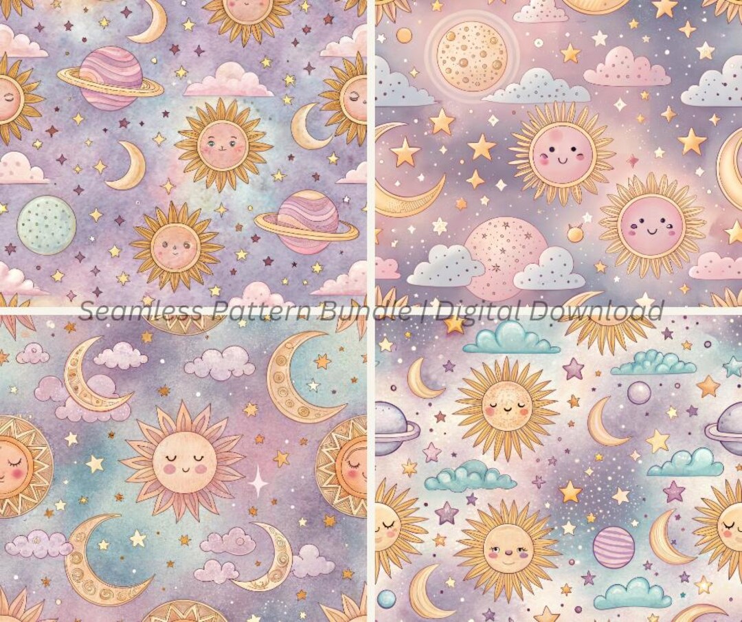 Celestial Dreams Seamless Patterns | Kawaii Sun, Moon & Stars Digital ...