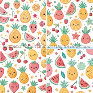 16 Seamless Pattern Kawaii Tropical Fruits & Fruit Slices Seamless Pattern Bundle