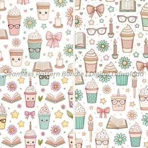 Patrones sin costuras de café y libros kawaii / Papel digital de cafetería acogedora / 4 archivos JPEG para álbumes de recortes e impresión sobre tela
