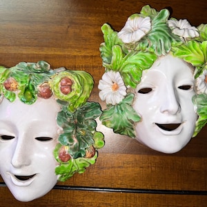 Italian art deco Bacchus Majolica Pottery with leaves, fruit, flowers Face Masks