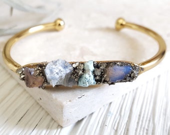 Raw Stone Cuff Bracelet: Gold, Moonstone, Turquoise, Amethyst