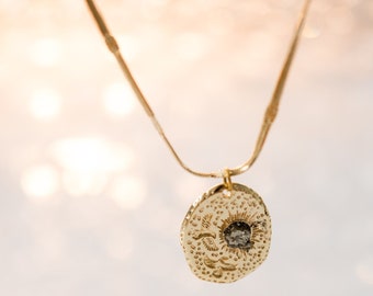 Gold Necklace Coin Bird Necklace Gold Pyrite Necklace Gold Necklace Pendant Coin Brass Pyrite Jewelry Necklace Two Tone Gold and Silver