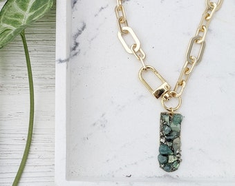 Emerald Necklace Pendant Emerald Gold Necklace Natural Stone Statement Necklace Large Chunky Statement Necklace Mineral Necklace Apatite
