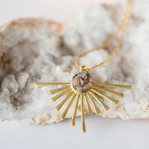 Raw Peach Moonstone Sun Pendant Necklace: Gold Brass Crystal