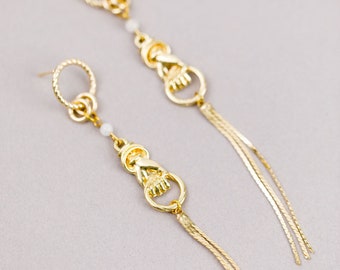 Gold Long Gemstone Dangle Earrings, Statement Bridal Drop Earrings