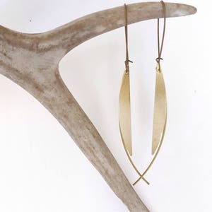 Minimalist Brass Earrings: Long Geometric Crescent Moon Dangles