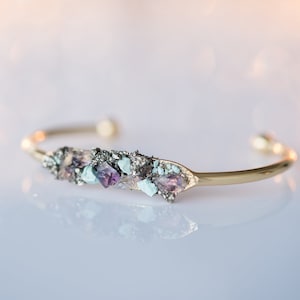 Raw Amethyst Crystal, Raw Turquoise Jewelry,  Pyrite Bracelet, Cuff Bracelet Druzy Cuff Bracelet Christmas Gift Druzy Stone Bracelet Silver