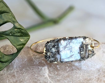 Gold Plated Pearl Bangle: Pyrite & Herkimer Diamond Statement Bracelet