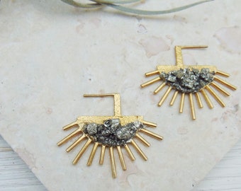 Simple Statement Earrings Sparkly Gold Earrings Holiday Earrings Pyrite Earrings Sun Moon Earrings Gold Sun Earrings Cocktail Party Jewelry