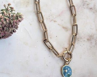 Chunky Chain Enameled Charm Necklace with Front Toggle Clasp – Statement Layering Jewelry