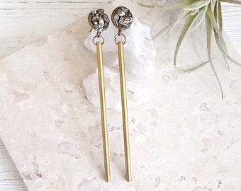 Long Bar Earrings Pyrite Earrings Metallic Dangle Raw Brass Earrings Simple Long Earrings Druzy Stud Earrings Raw Stone Studs Holiday 2018