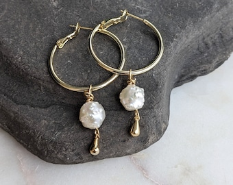 Freshwater Pearl Hoop Earrings, Gold Minimal Jewelry, Simple Elegant Boho Gift