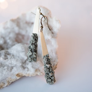 Statement Earrings Triangle Earrings Pyrite Earrings Brass Earrings Raw Pyrite Earrings Christmas Gift for Women Holiday Jewelry Boho Chic