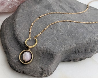 Kunzite Gemstone Necklace: Boho Brass Geometric Pendant